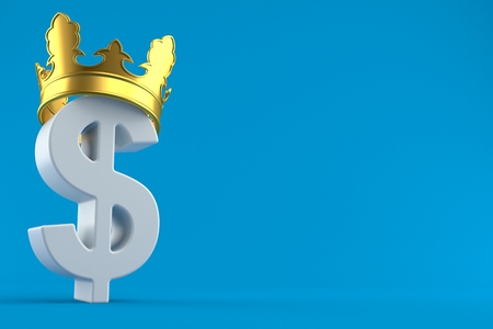 Dollar currency symbol with crown isolated on blue background. 3d illustrationの写真素材