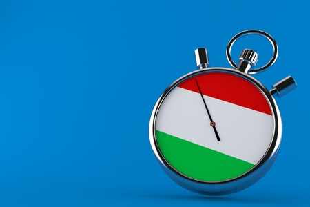 Stopwatch with hungarian flag isolated on blue background. 3d illustrationの写真素材