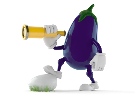 Eggplant character looking through a telescope isolated on white background. 3d illustrationの写真素材