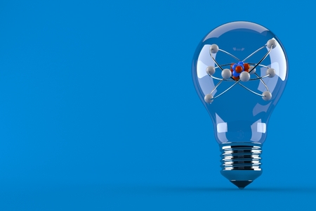 Atom inside light bulb isolated on blue background. 3d illustrationの写真素材