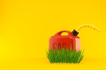 Gasoline can on grass isolated on orange background. 3d illustrationの写真素材