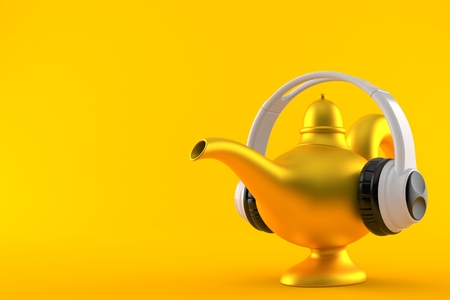 Magic lamp with headphones isolated on orange background. 3d illustrationの写真素材