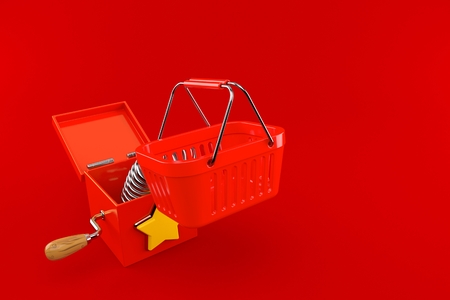 Jack in the box with shopping basket isolated on red background. 3d illustrationの写真素材