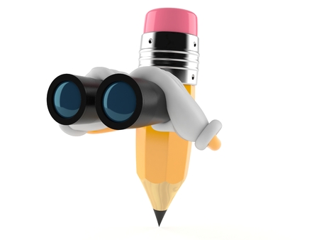 Pencil character looking through binoculars isolated on white background. 3d illustrationの写真素材