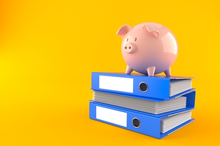Piggy bank on stack of ring binders isolated on orange background. 3d illustrationの写真素材