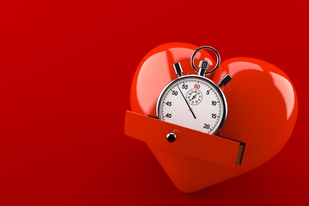Heart with stopwatch isolated on red background. 3d illustrationの写真素材