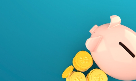 Piggy bank with stack of coins on blue background. 3d illustrationの写真素材
