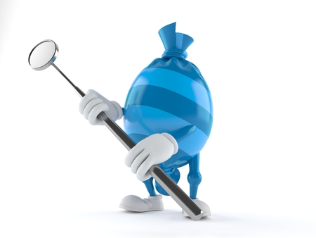 Candy character holding dental mirror isolated on white background. 3d illustrationの写真素材