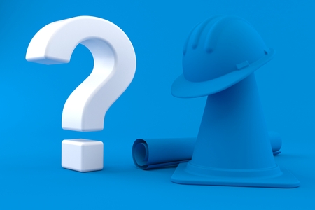 Under construction background with question mark in blue color. 3d illustrationの写真素材