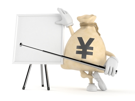 Yen money bag character with blank whiteboard isolated on white background. 3d illustrationの写真素材