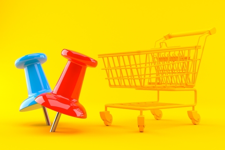 Shopping background with thumbtacks in orange color. 3d illustrationの写真素材