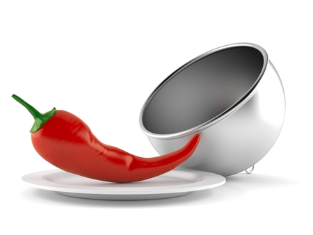Hot paprika with catering dome isolated on white background. 3d illustrationの写真素材