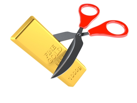 Gold ingot with scissors isolated on white background. 3d illustrationの写真素材