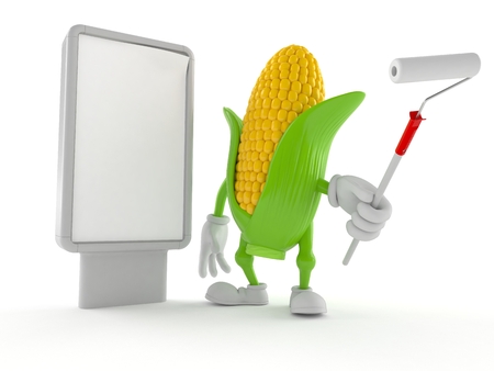 Corn character with blank billboard isolated on white background. 3d illustrationの写真素材