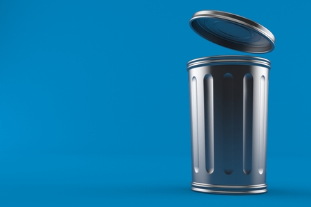 Metal trash can isolated on blue background. 3d illustrationの写真素材