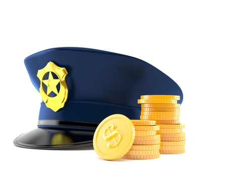 Police hat with stack of coins isolated on white background. 3d illustrationの写真素材