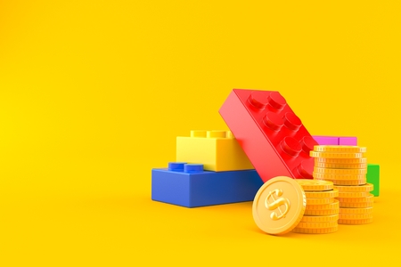 Toy blocks with stack of coins isolated on orange background. 3d illustrationの写真素材