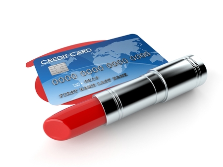 Credit card with red lipstick isolated on white background. 3d illustrationの写真素材