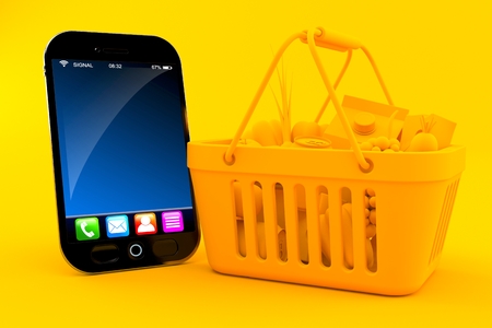 Grocery background with smart phone in orange color. 3d illustrationの写真素材