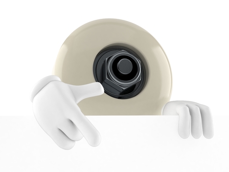 Skateboard wheel character pointing behind white board isolated on white background. 3d illustrationの写真素材