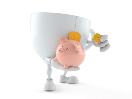 Tea cup character holding piggy bank isolated on white background. 3d illustrationの写真素材