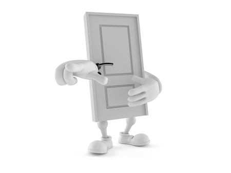 Door character pointing finger isolated on white background. 3d illustrationの写真素材