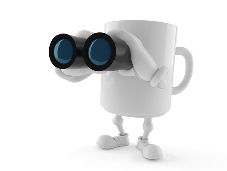 Mug character looking through binoculars isolated on white background. 3d illustrationの写真素材