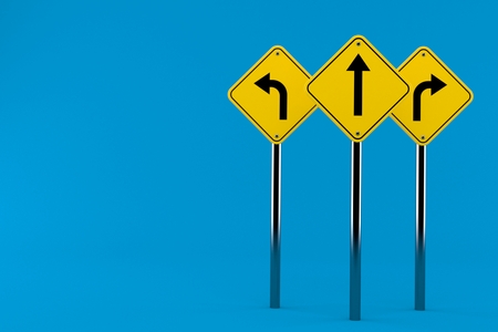 Road signs isolated on blue background. 3d illustrationの写真素材