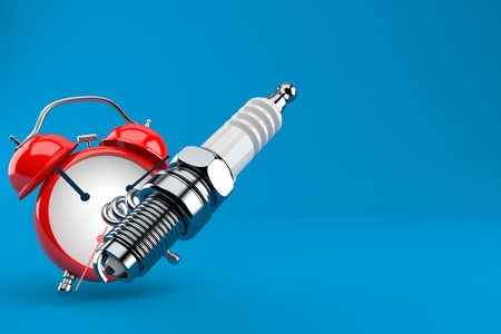 Car candle with alarm clock isolated on blue background. 3d illustrationの写真素材