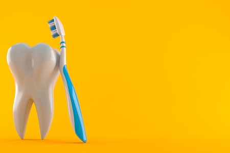 Tooth with toothbrush isolated on orange background. 3d illustrationの写真素材
