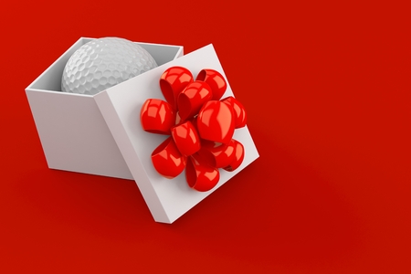 Golf ball inside gift isolated on red background. 3d illustrationの写真素材