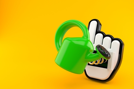 Watering can with web cursor isolated on orange background. 3d illustrationの写真素材