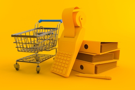 Accountancy background with shopping cart in orange color. 3d illustrationの写真素材