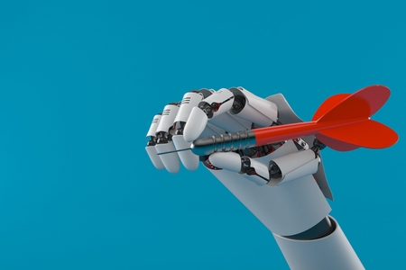 Robot hand with dart arrow isolated on blue background. 3d illustrationの写真素材