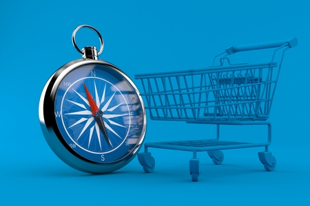 Shopping background with compass in blue color. 3d illustrationの写真素材