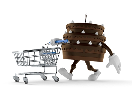 Cake character with shopping cart isolated on white background. 3d illustrationの写真素材