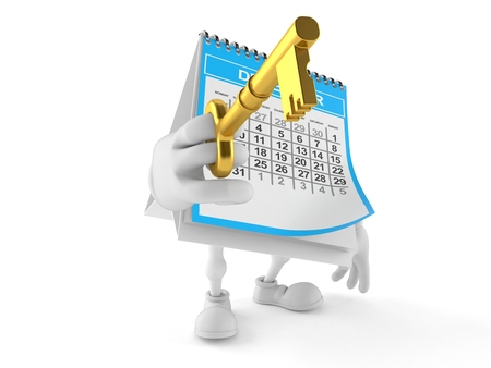 Calendar character holding door key isolated on white background. 3d illustrationの写真素材