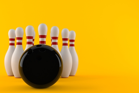 Bowling ball with pins isolated on orange background. 3d illustrationの写真素材