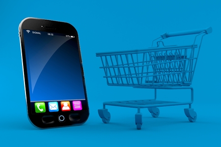 Shopping background with smart phone in blue color. 3d illustrationの写真素材