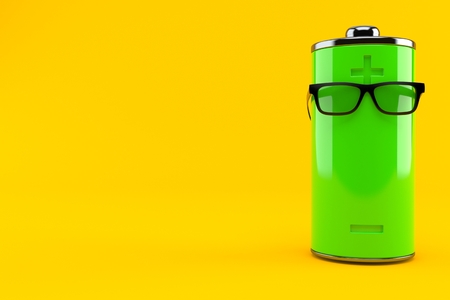 Green battery with glasses isolated on orange background. 3d illustrationの写真素材