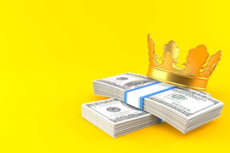 Dollars with crown isolated on orange background. 3d illustrationの写真素材