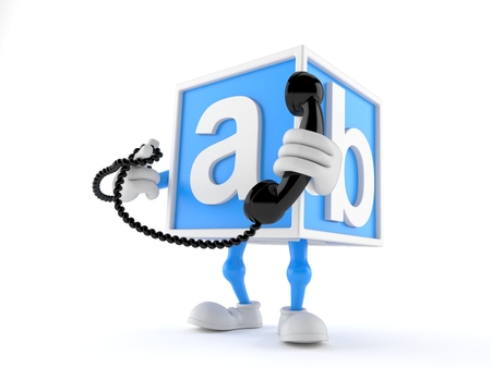 Toy block character holding a telephone handset isolated on white background. 3d illustrationの写真素材