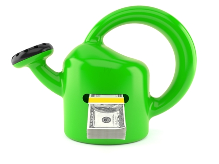 Watering can with money isolated on white background. 3d illustrationの写真素材