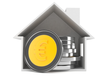 Euro coins inside house cross-section isolated on white background. 3d illustrationの写真素材