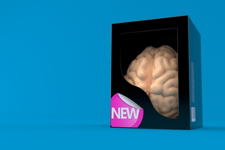 Brain inside box isolated on blue background. 3d illustrationの写真素材