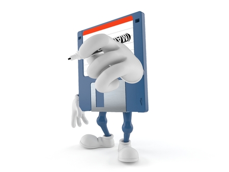 Floppy disk character holding marker isolated on white background. 3d illustrationの写真素材