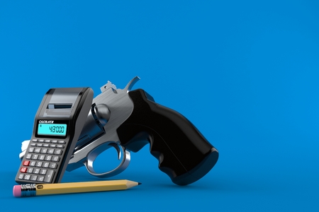 Gun with calculator and pencil isolated on blue background. 3d illustrationの写真素材