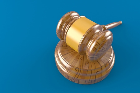 Wooden hammer isolated on blue background. 3d illustrationの写真素材