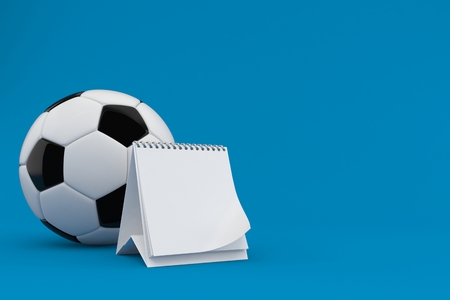 Soccer ball with blank calendar isolated on blue background. 3d illustrationの写真素材