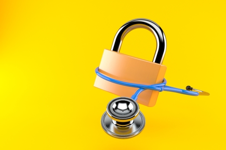Padlock with stethoscope isolated on orange background. 3d illustrationの写真素材